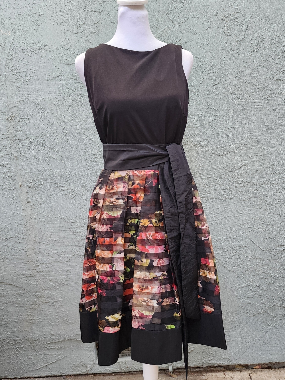Floral Shadow Stripe Fit Flare Dress Sleeveless Organza Belted Dress Barn [4]